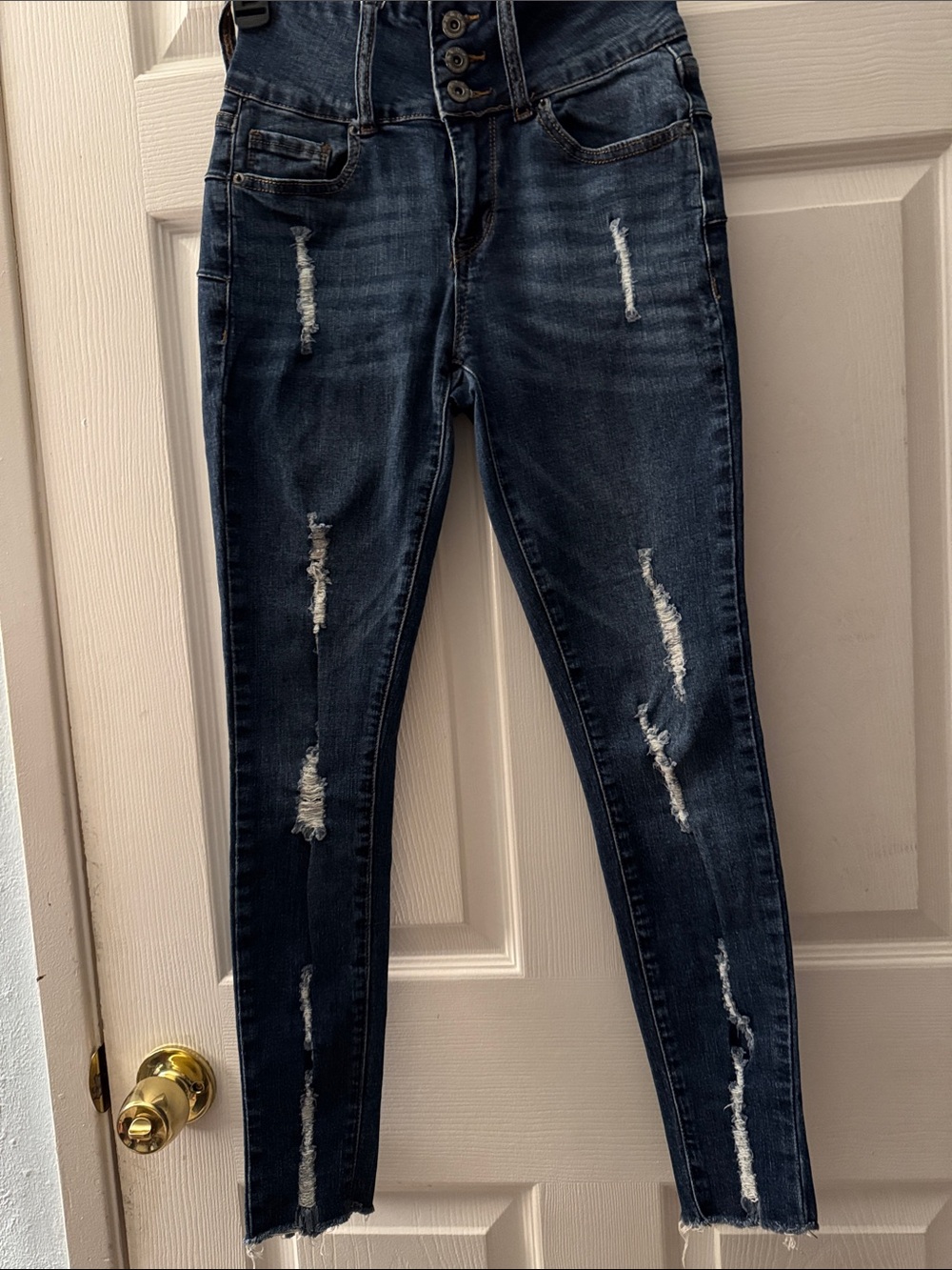 High-Rise Dark Blue Distressed Skinny Jeans